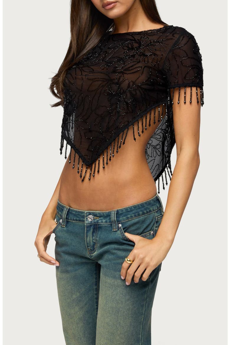 Yanna Beaded Fringe Poncho Crop Top, Alternate, color, BLACK