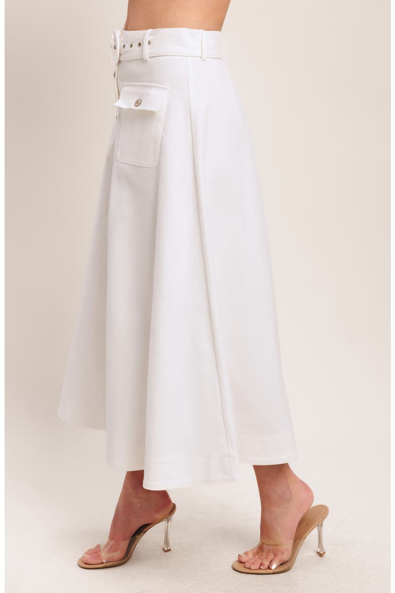 Belted Button Front Denim Midi Skirt, Alternate, color, WHITE DENIM