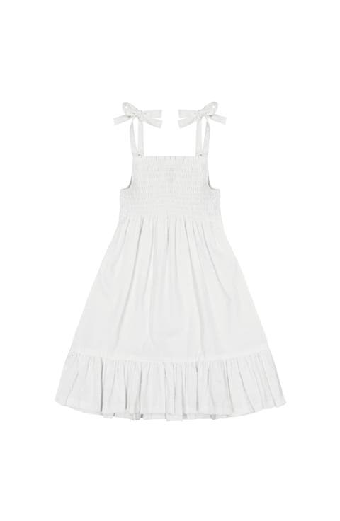 India Shoulder Tie Sundress White Swiss Dot