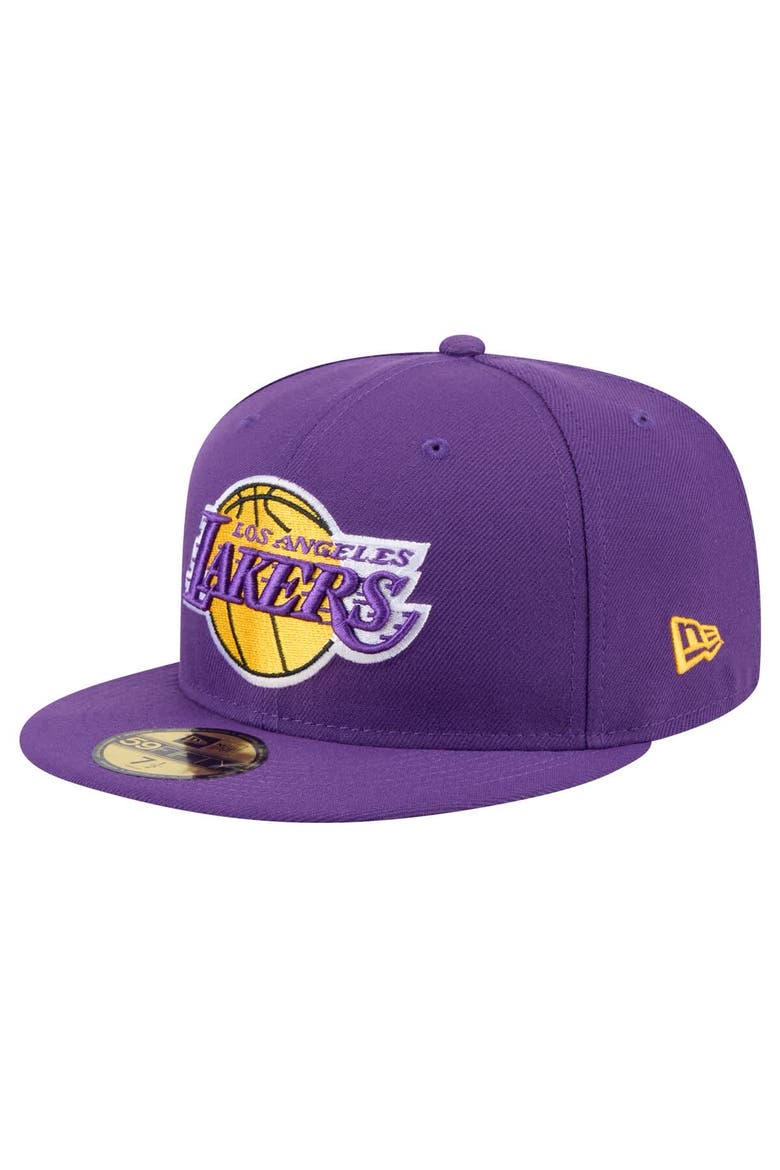 Men's New Era Purple Los Angeles Lakers Throwback Pennant 59FIFTY Fitted Hat, Alternate, color, Purple