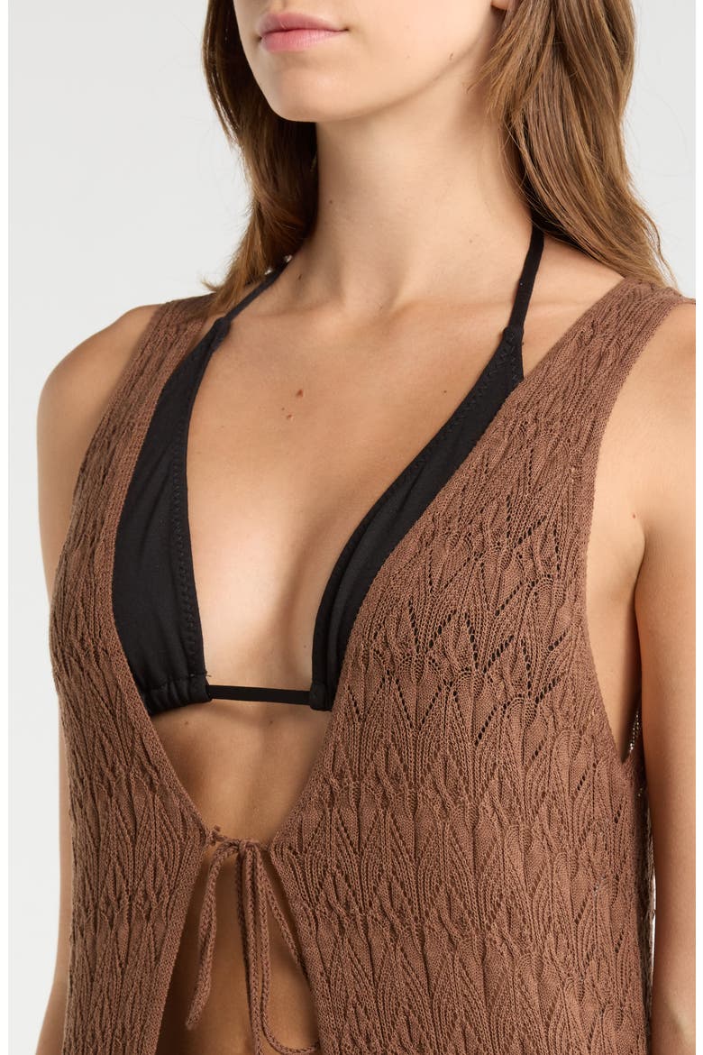Sleeveless Tie Front Pointelle Cover-Up, Alternate, color, BROWN
