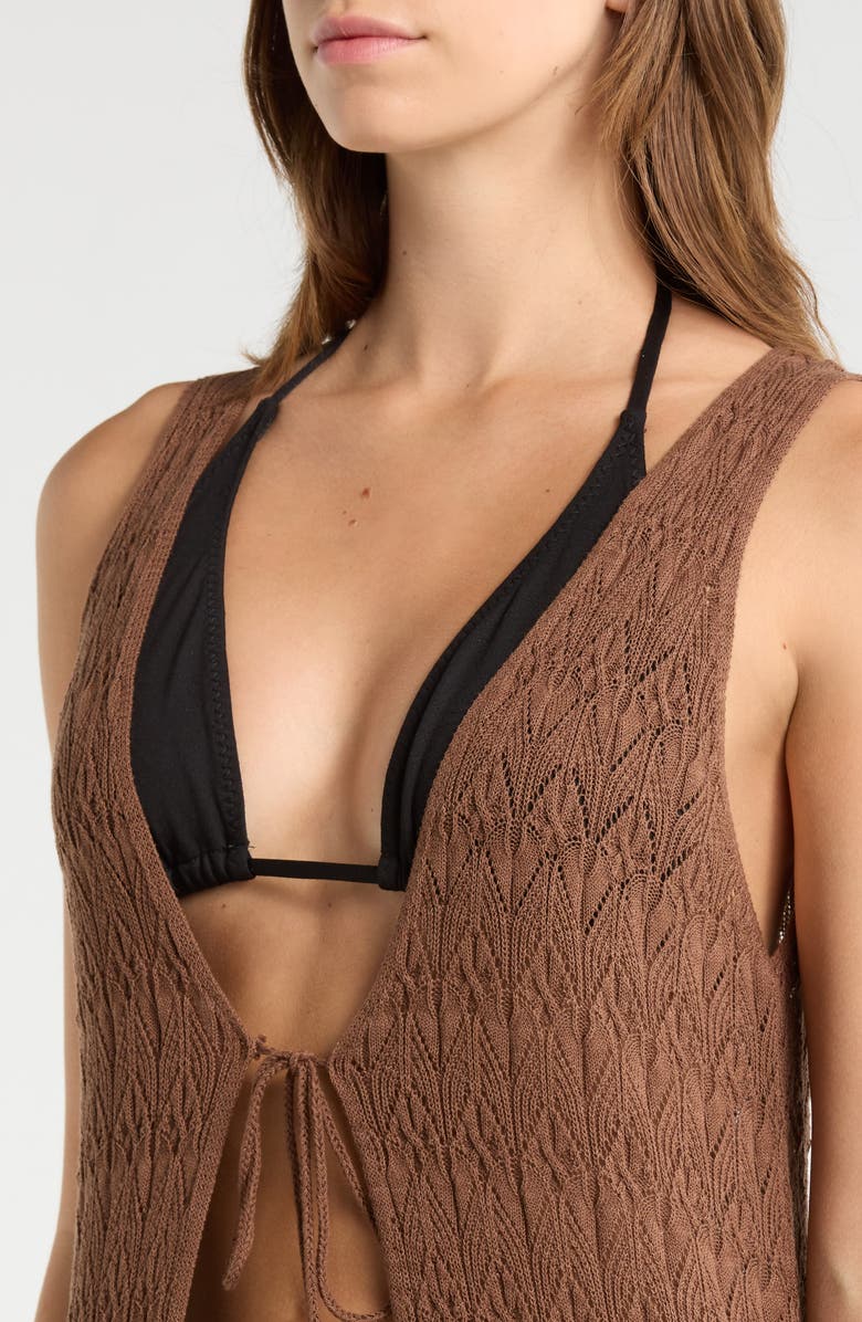 Elan Sleeveless Tie Front Pointelle Cover-Up, Alternate, color, Brown