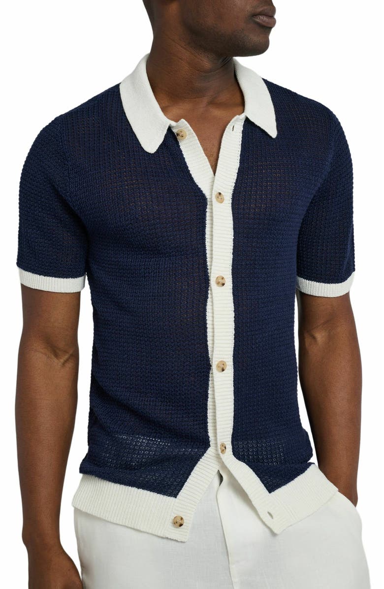 Onia Linen Short Sleeve Button Up Sweater, Alternate, color, Deep Navy/White