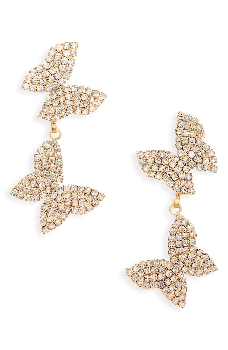 Tasha Double Butterfly Crystal Pavé Drop Earrings, Main, color, Gold