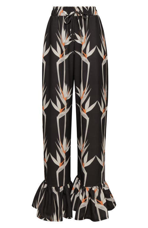 The Lulo Project Floral Ruffle Hem Drawstring Pants In Birds Of Paradise Black