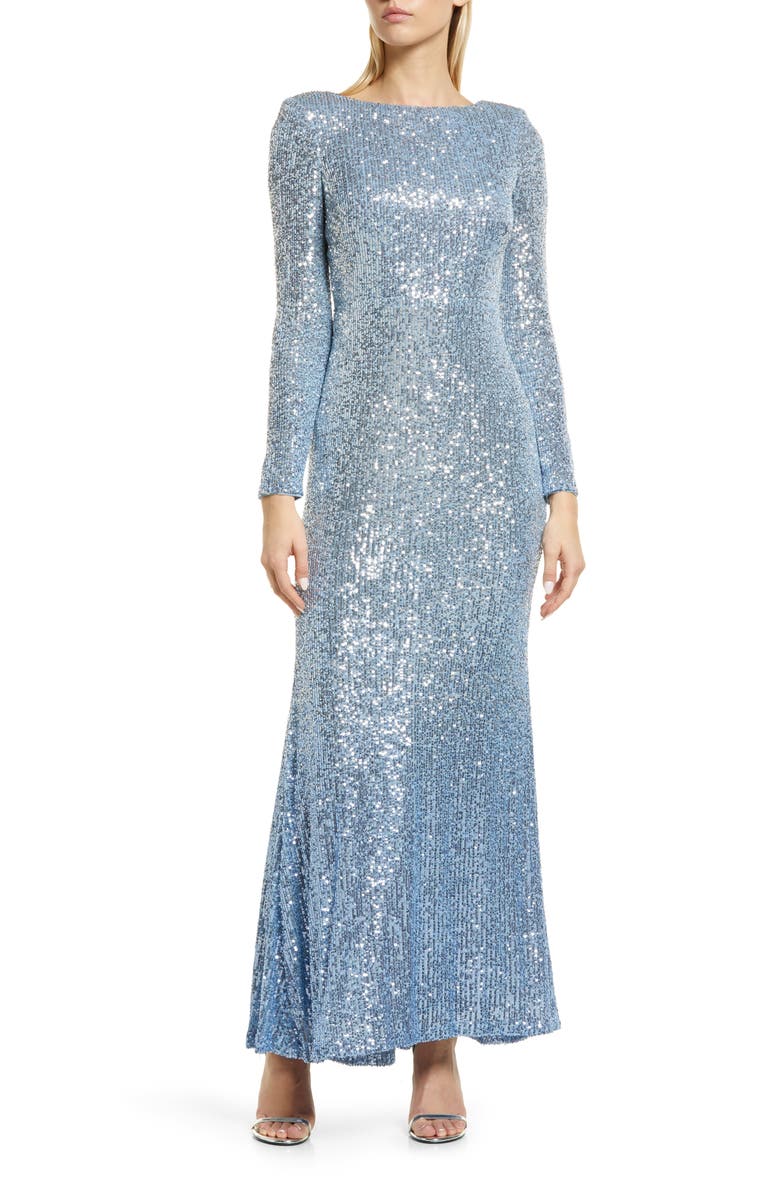 Eliza J Social Sequin Long Sleeve Gown, Main, color, Blue
