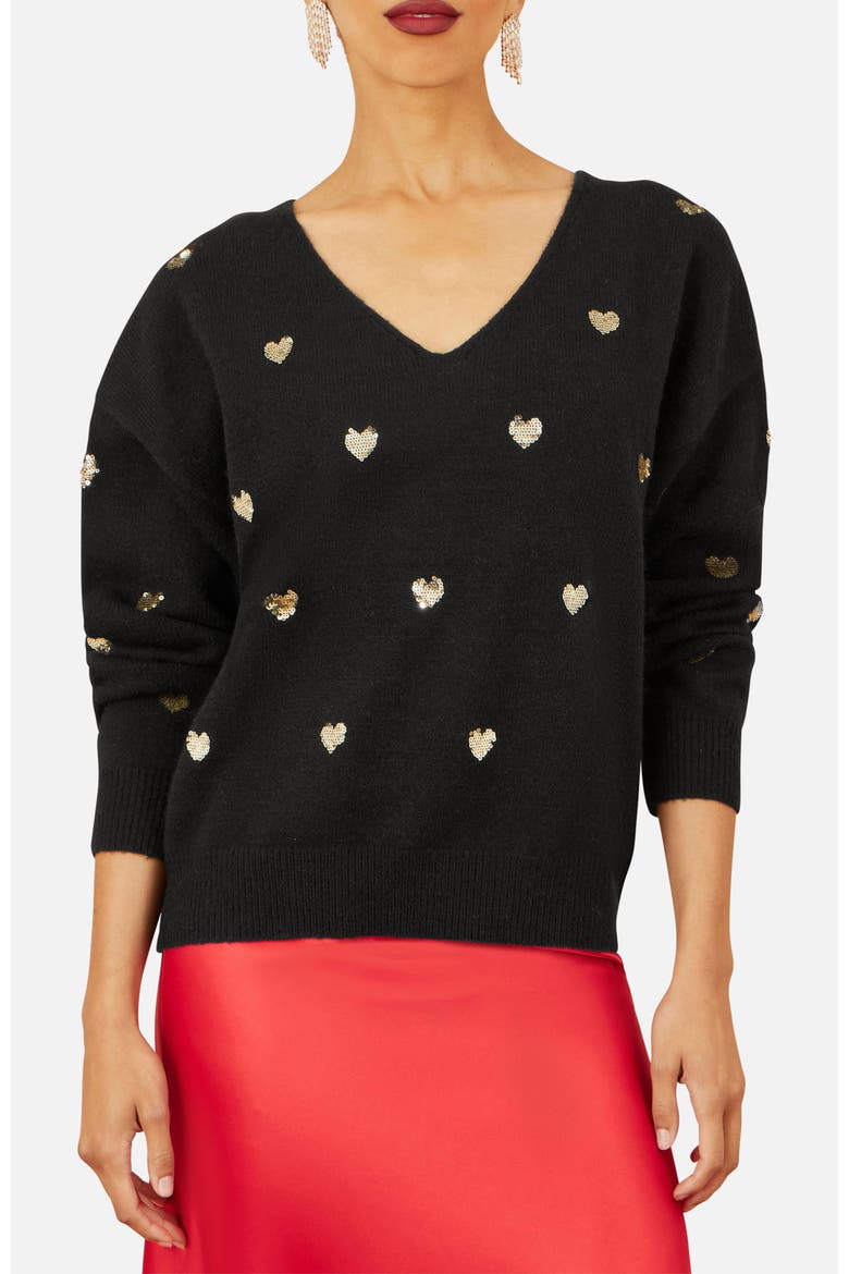 Sequin Heart V-Neck Jumper, Alternate, color, Black