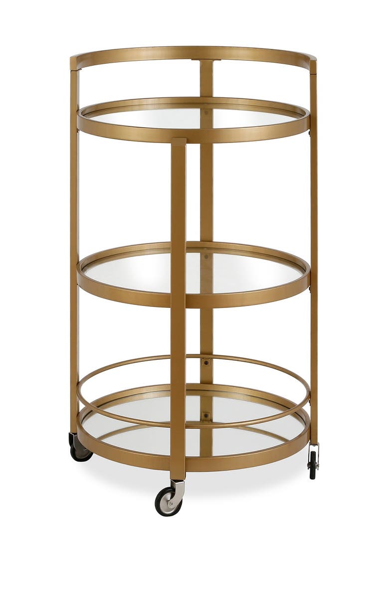 ADDISON AND LANE Hause Round Brass Finish Bar Cart with Mirrored Shelf, Alternate, color,