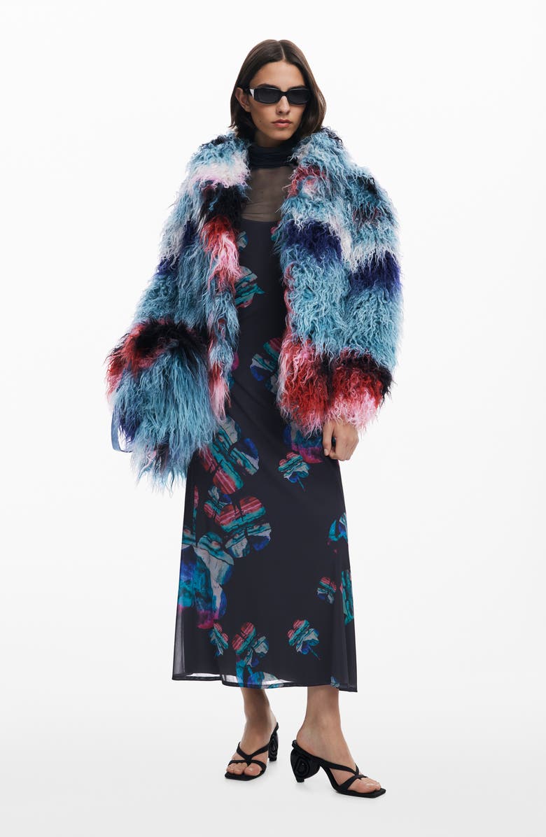 Desigual Faux Fur Jacket, Alternate, color, Blue