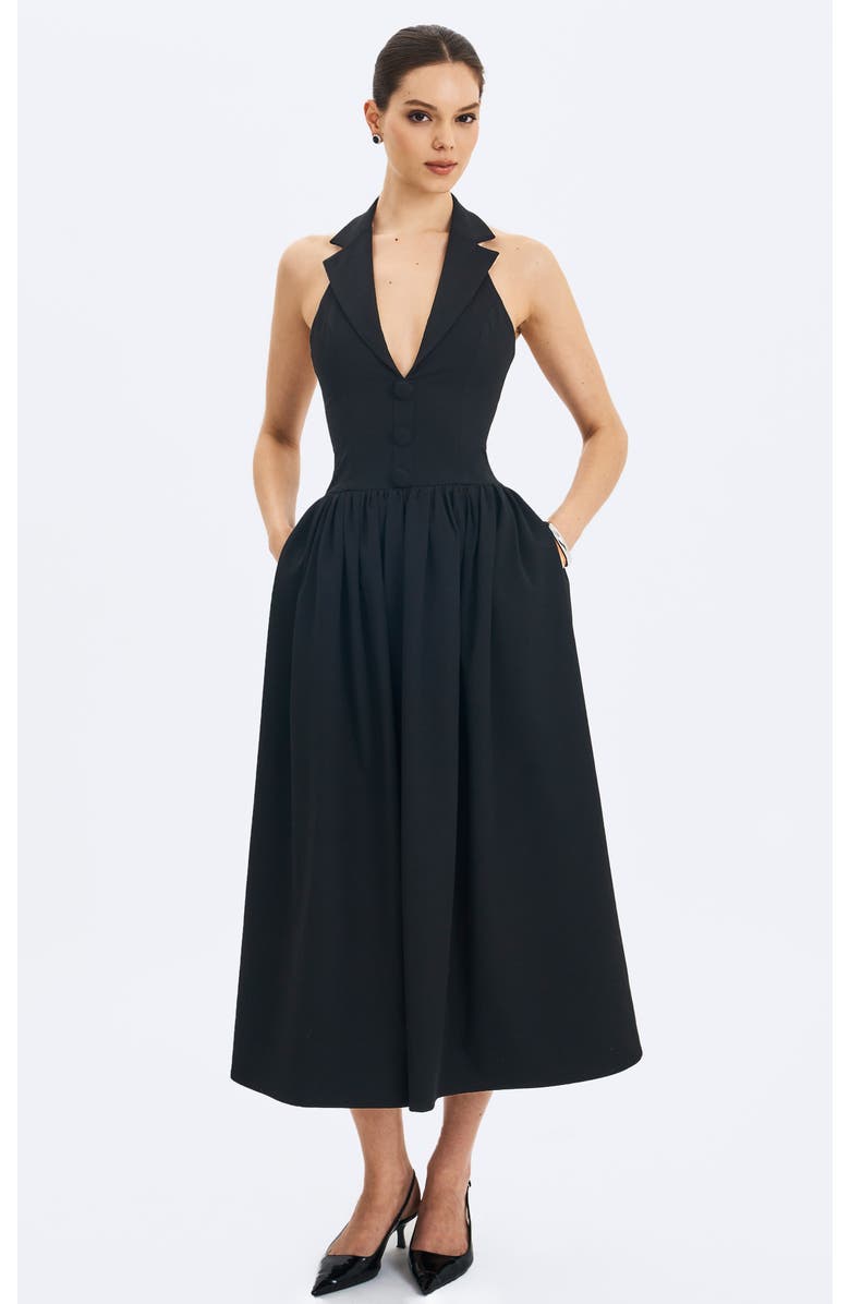 Miss Circle Delaney Lapel Halter Midi A-Line Dress, Alternate, color, Black