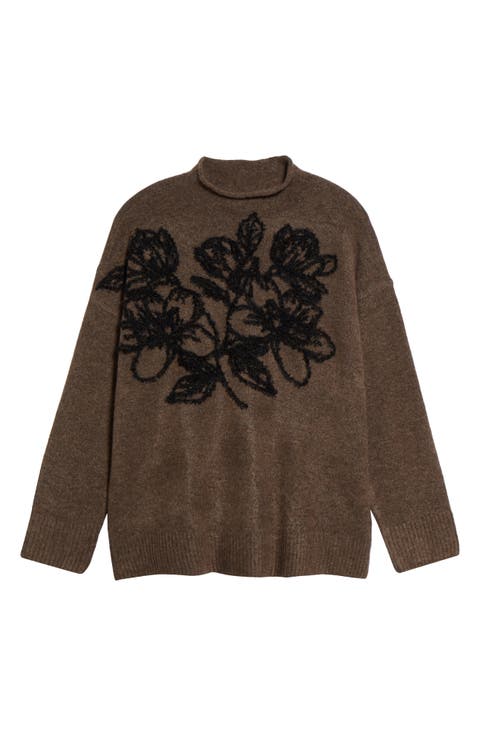 Flower Embellished Mock Neck Sweater