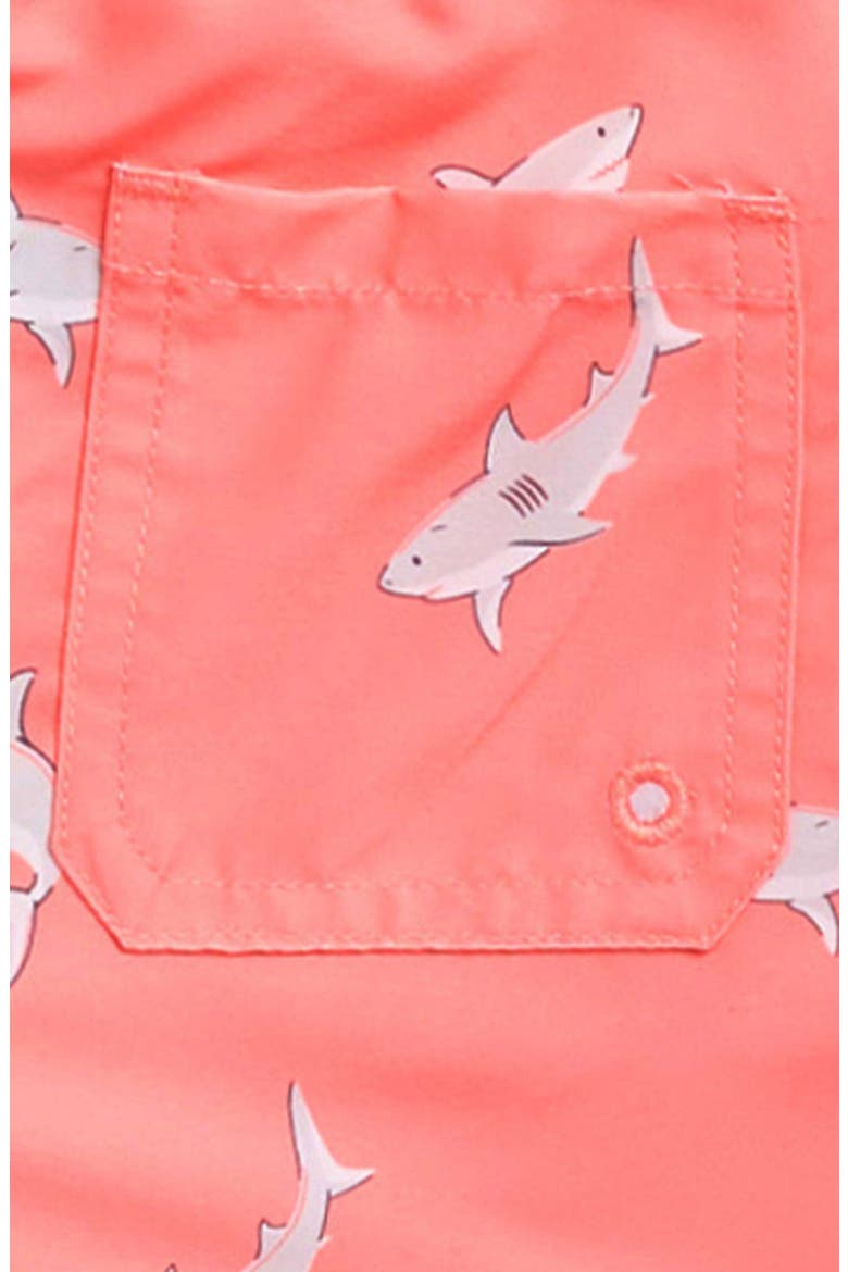 Monstera Leaf Print Swim Trunks, Alternate, color, CORAL