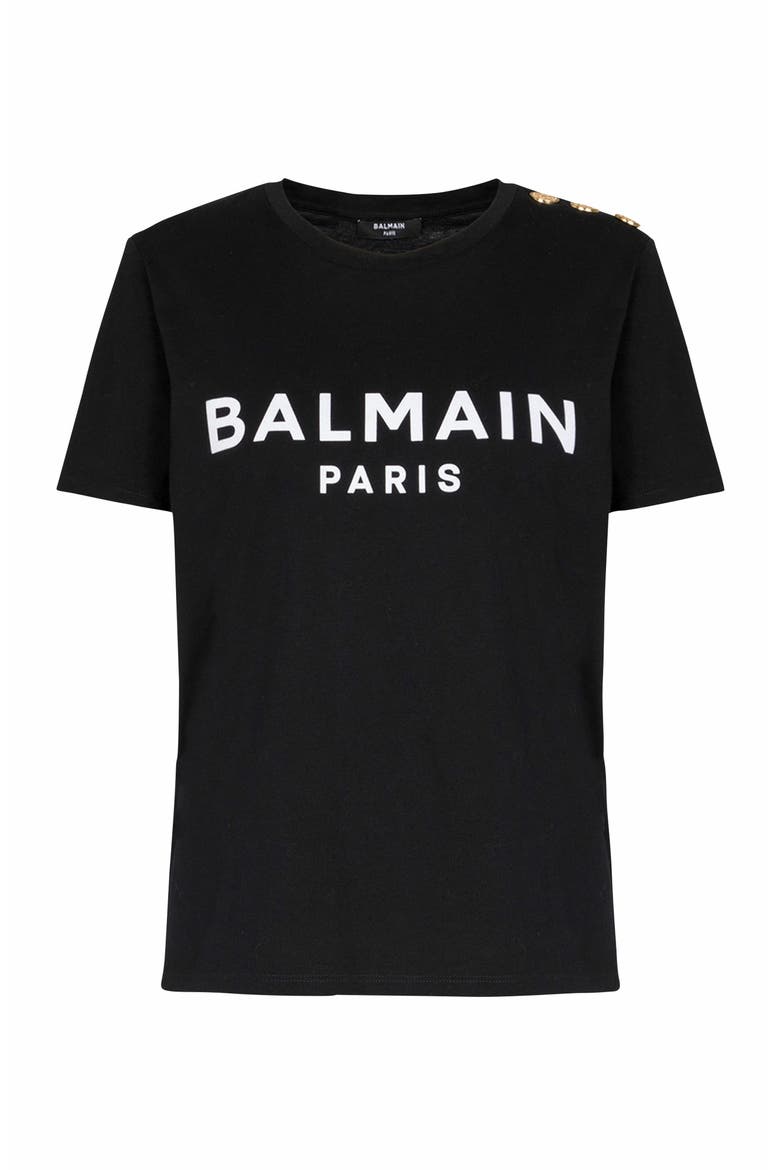 T-Shirt With Balmain Paris Print With Buttons, Alternate, color, Black