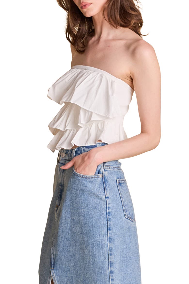 Mixed Media Ruffle Strapless Rib Tube Top, Alternate, color, WHITE
