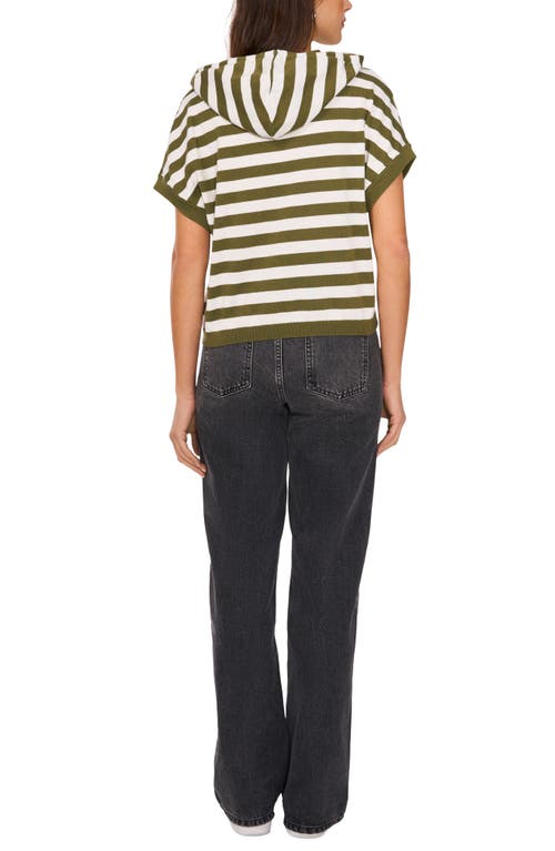 Vince Camuto Stripe Short Sleeve Hooded Sweater In Olive Oasis