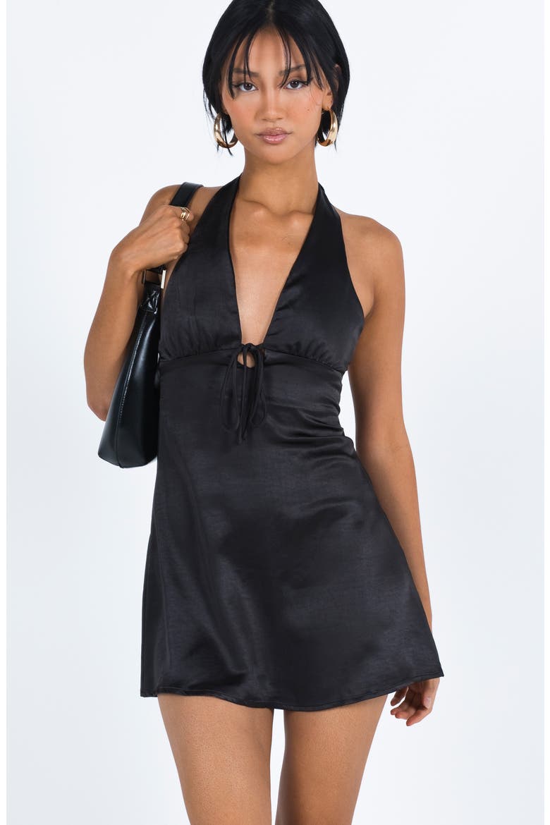 Lanier Satin Halter Minidress, Alternate, color, BLACK