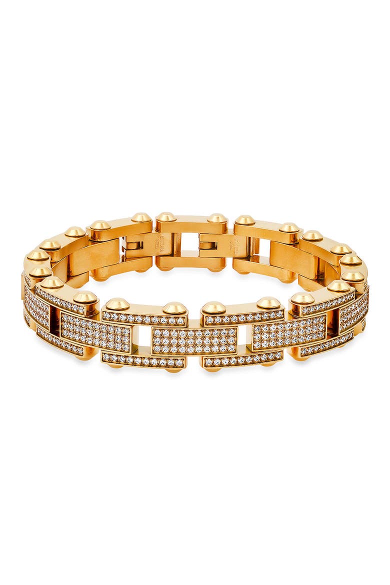 Men's Stainless Steel Simulated Diamond Studded Link Bracelet, Main, color, GOLD