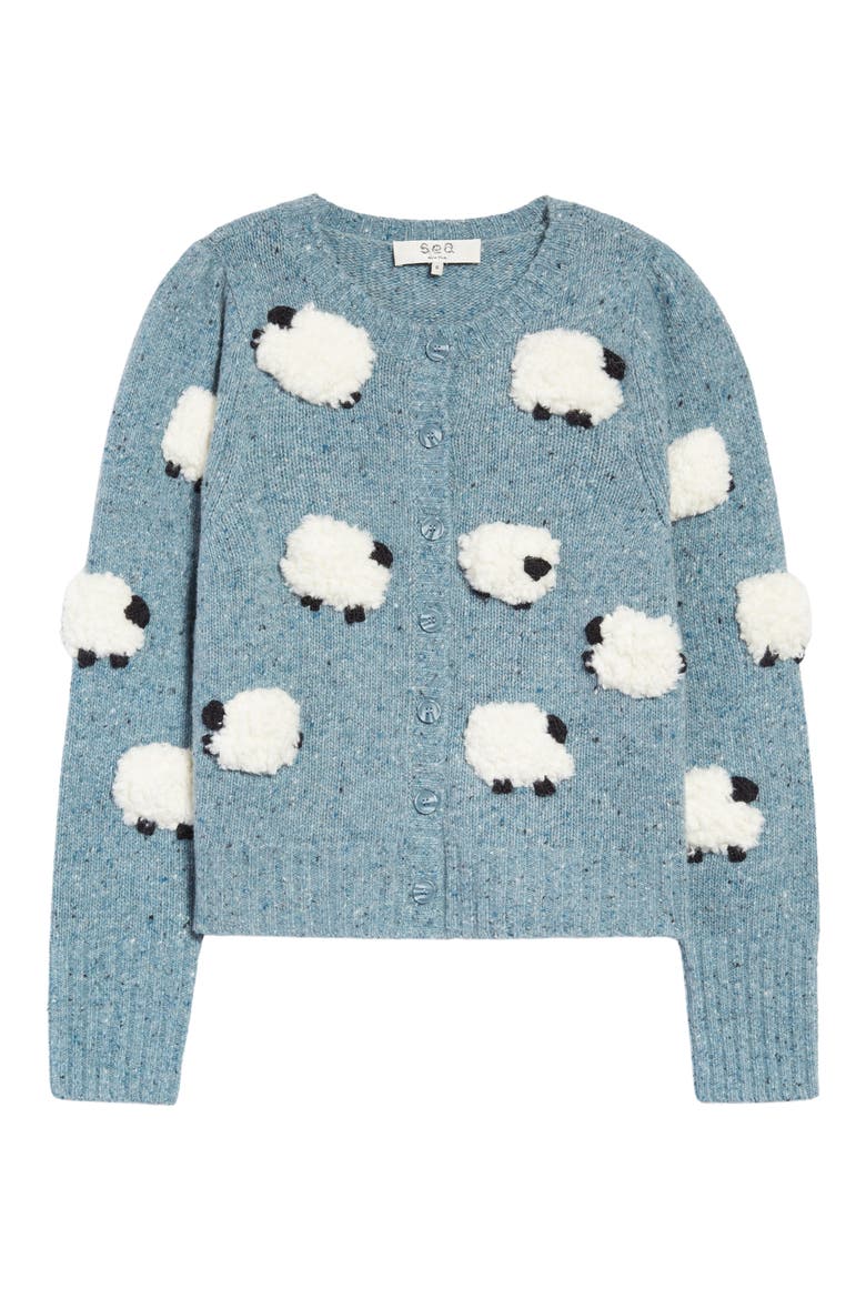 Samira Sheep Appliqué Merino Wool Blend Cardigan, Alternate, color, STONE