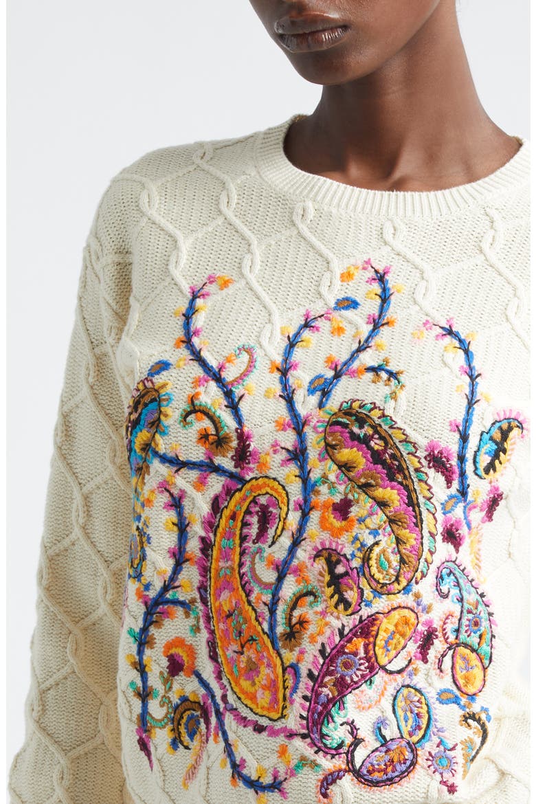 Embroidered Crop Cotton Blend Sweater, Alternate, color, IVORY