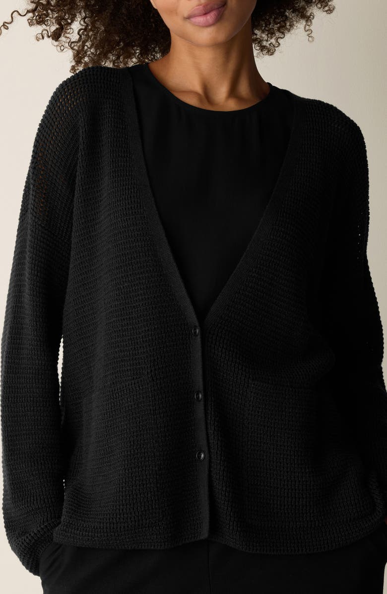 Eileen Fisher Open Stitch Organic Cotton Blend V-Neck Cardigan, Alternate, color, Black