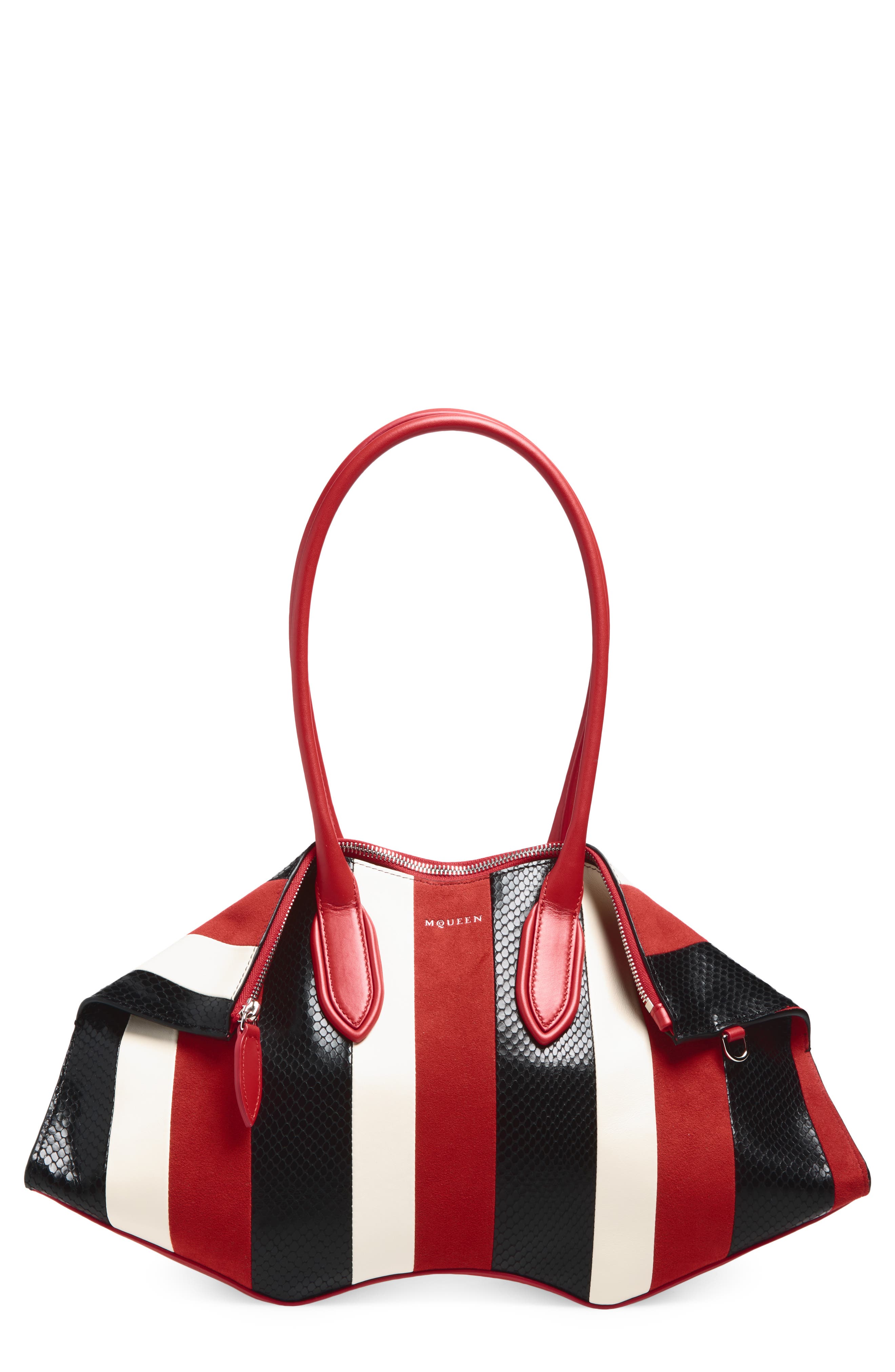 McQueen Manta Stripe Handbag, Main, color, Red/ White/ Black/ Silv