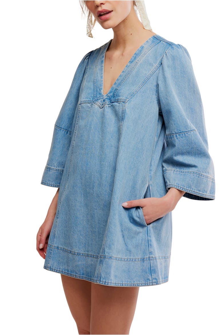 denim dress balloon sleeve Northern Sky Fringe Puff Sleeve Midi Dress Denim Blue