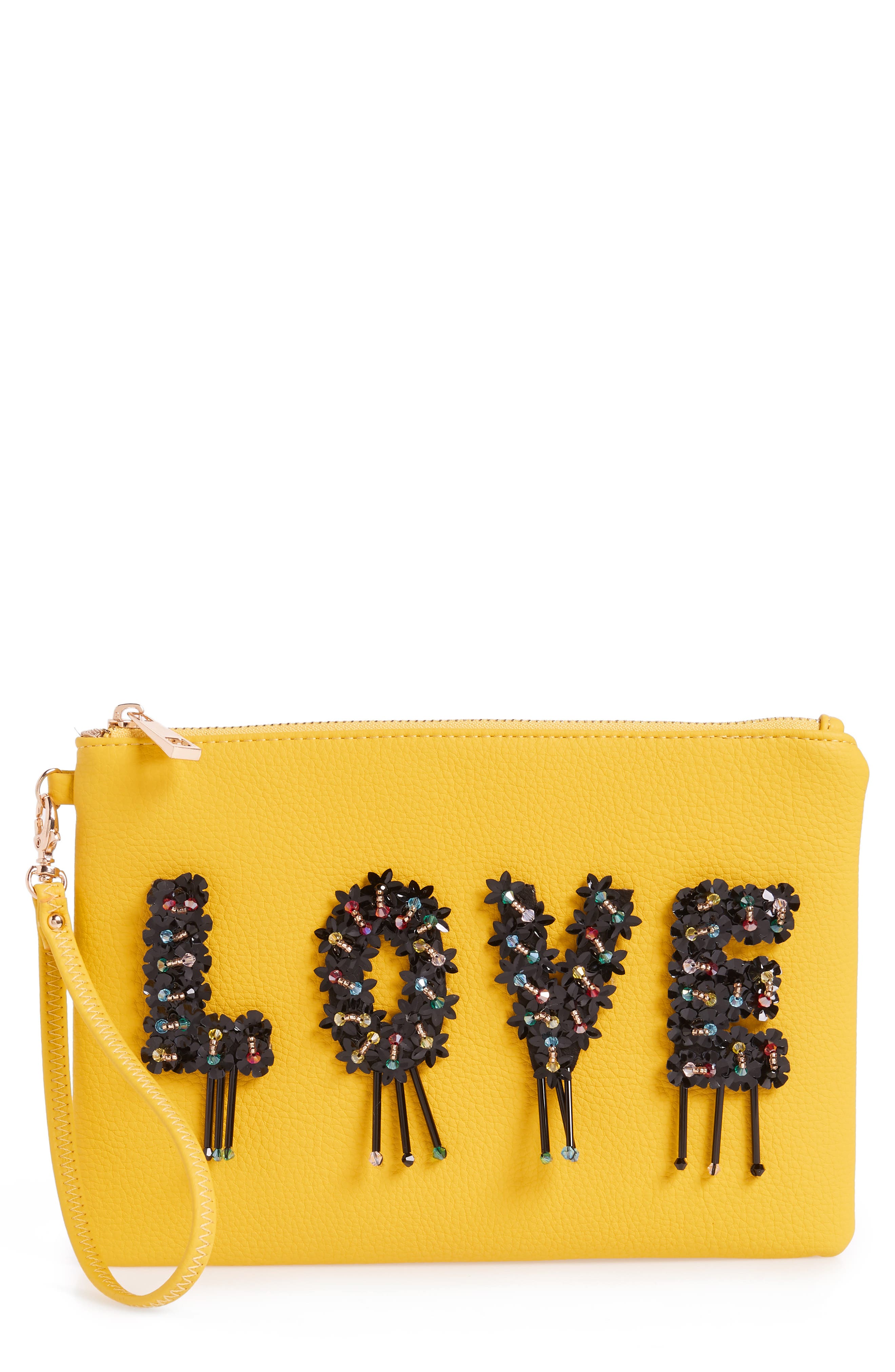 Sondra Roberts Love Embellished Faux Leather Wristlet, Main, color, 