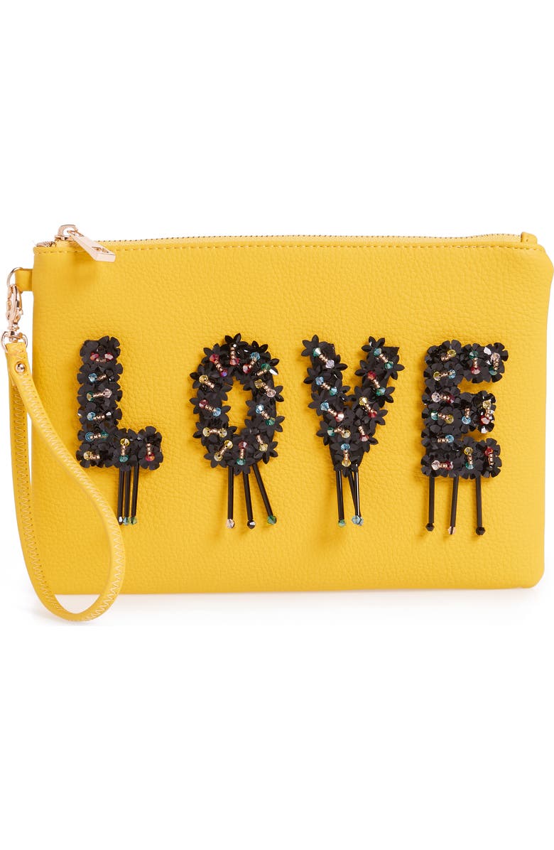 Sondra Roberts Love Embellished Faux Leather Wristlet, Main, color,