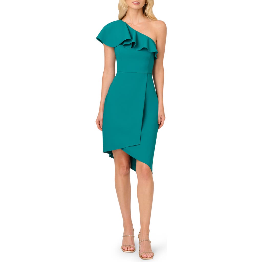 Adrianna Papell Ruffle One-Shoulder Stretch Crepe Asymmetric Cocktail Dress in Deep Emerald