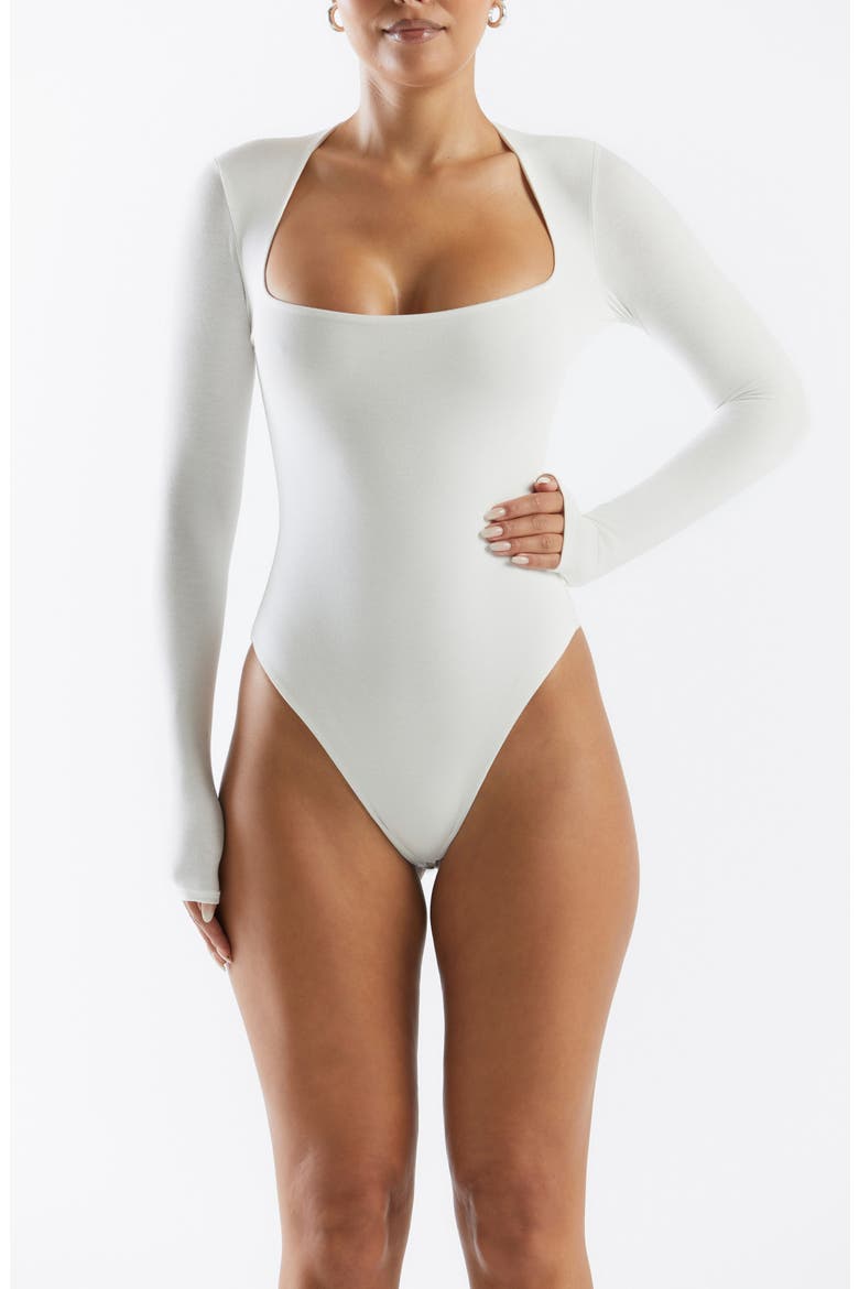 Squared Away Long Sleeve Thong Bodysuit, Alternate, color, WHITE