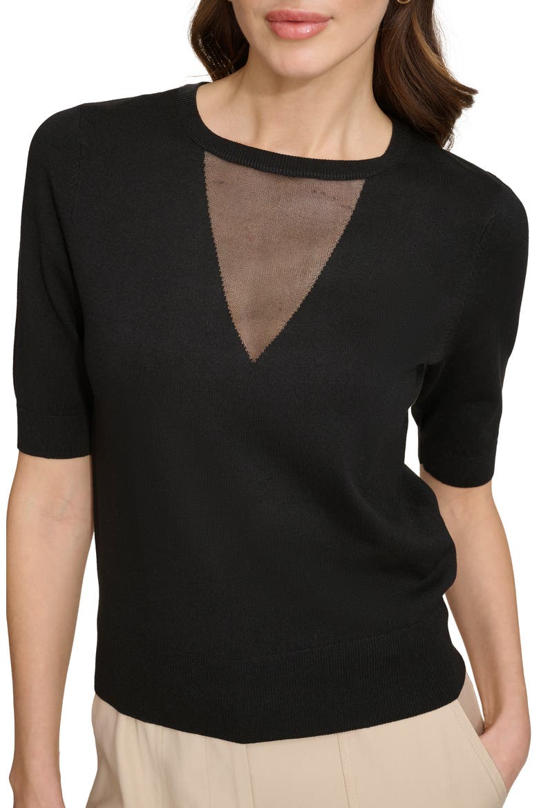 Sheer Mesh Illusion V-Neck Sweater, Alternate, color, BLACK