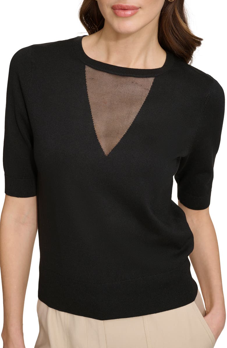DKNY Sheer Mesh Illusion V-Neck Sweater, Alternate, color,