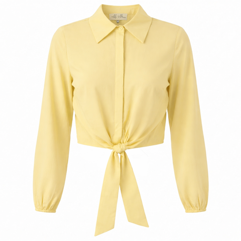 Cropped Hidden Placket Hem Tie Blouse