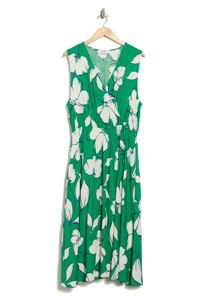 Floral Sleeveless Faux Wrap Midi Dress, Alternate, color, GREEN/ WHITE