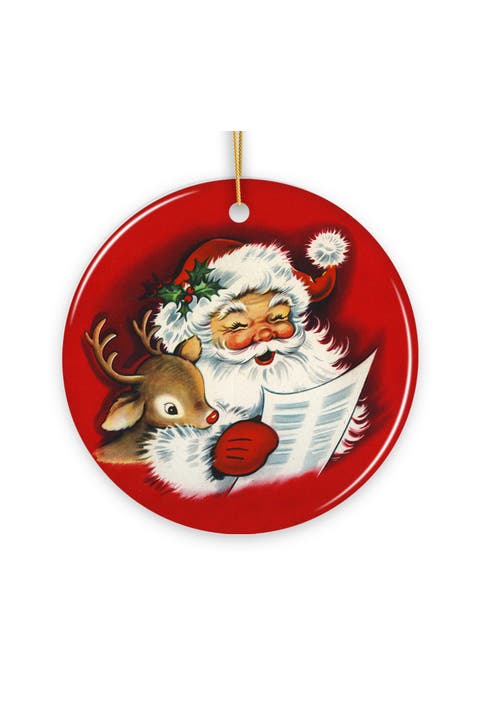 Retro Santa And Baby Reindeer Carol Ceramic Ornament