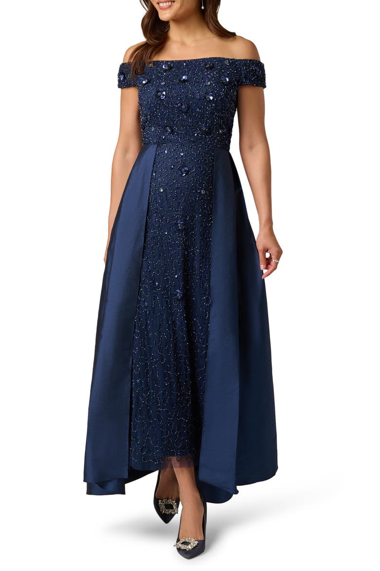Beaded Overlay Taffeta Gown, Main, color, LIGHT NAVY