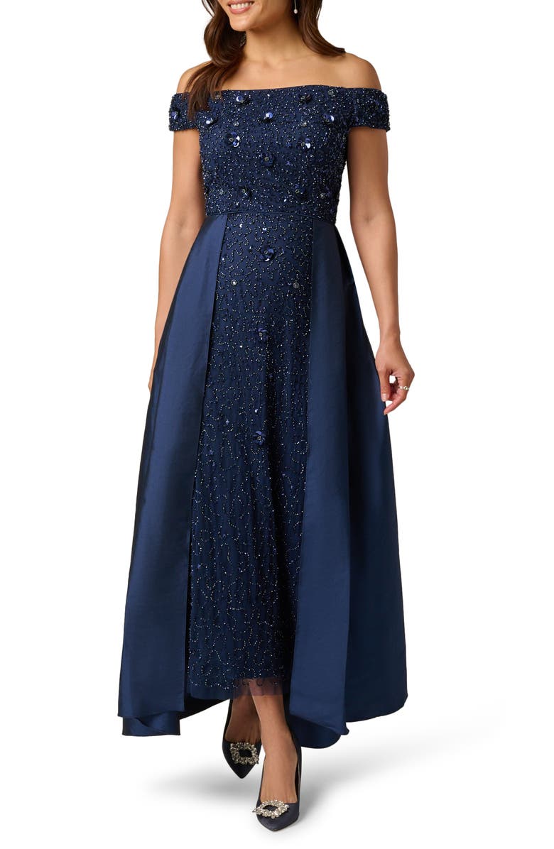 Adrianna Papell Beaded Overlay Taffeta Gown, Main, color, Light Navy