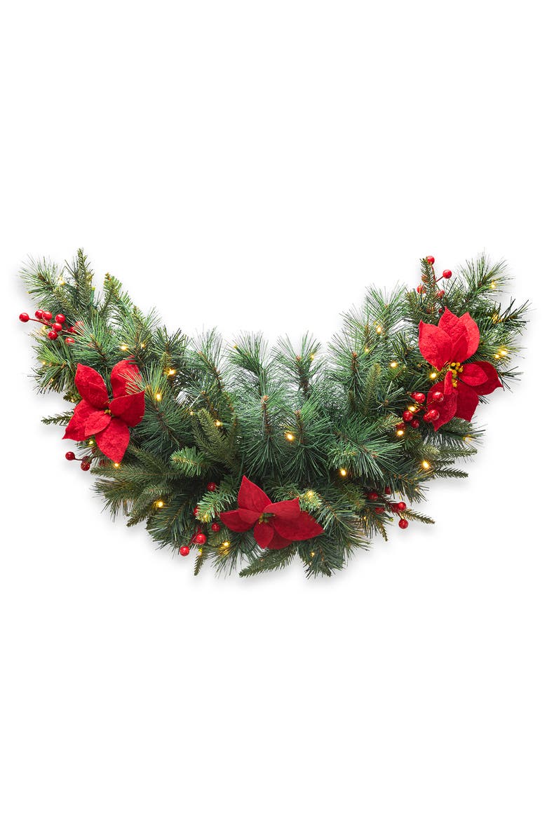 3ft Lighted Christmas Swag with Poinsettia Berry & Timer, Main, color, Red