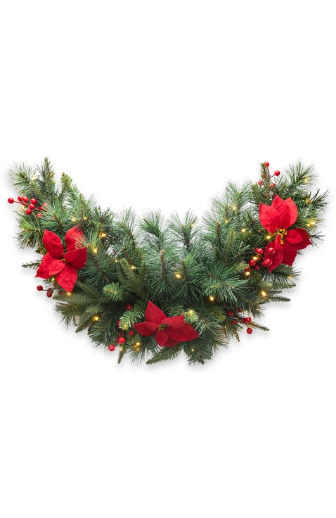 3ft Lighted Christmas Swag with Poinsettia Berry & Timer