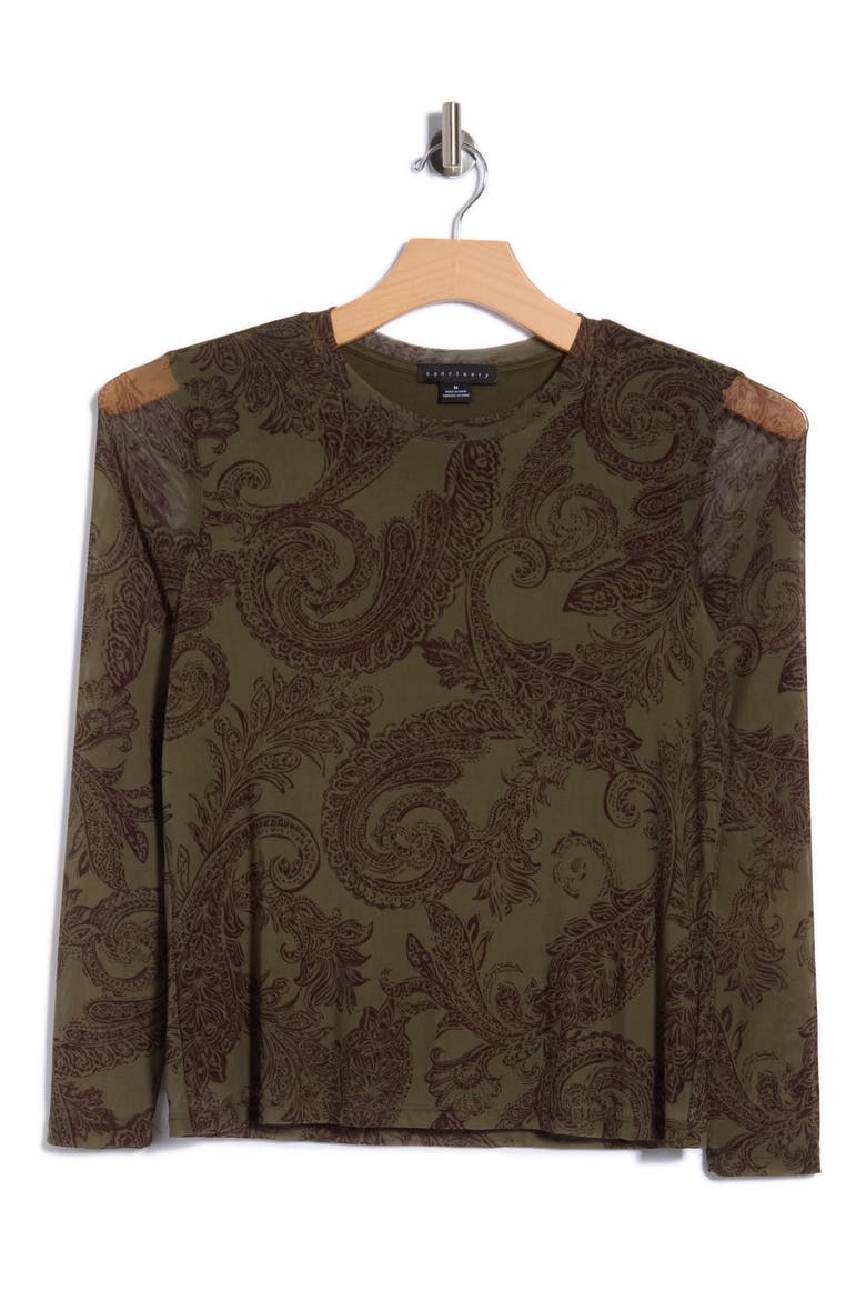Sheer Mesh Long Sleeve Print Top, Main, color, FATIGUE GREEN