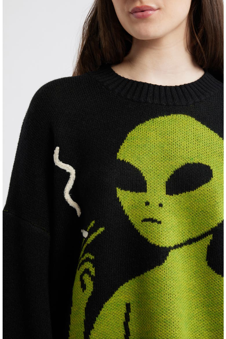 Keep Lalaland Weird Oversize Sweater, Alternate, color, BLACK WITH GREEN ALIEN