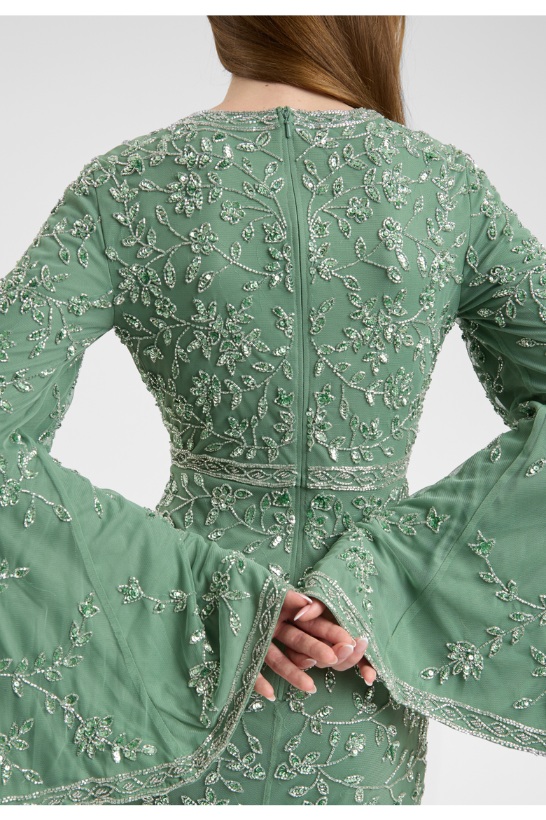 Modest Embellished Sequin Beaded Dress Maxi With Sleeves Design, Alternate, color, GREEN