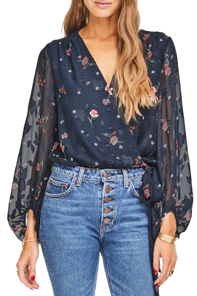 Jill Tie Front Bodysuit, Main, color, NAVY FLORAL DOT