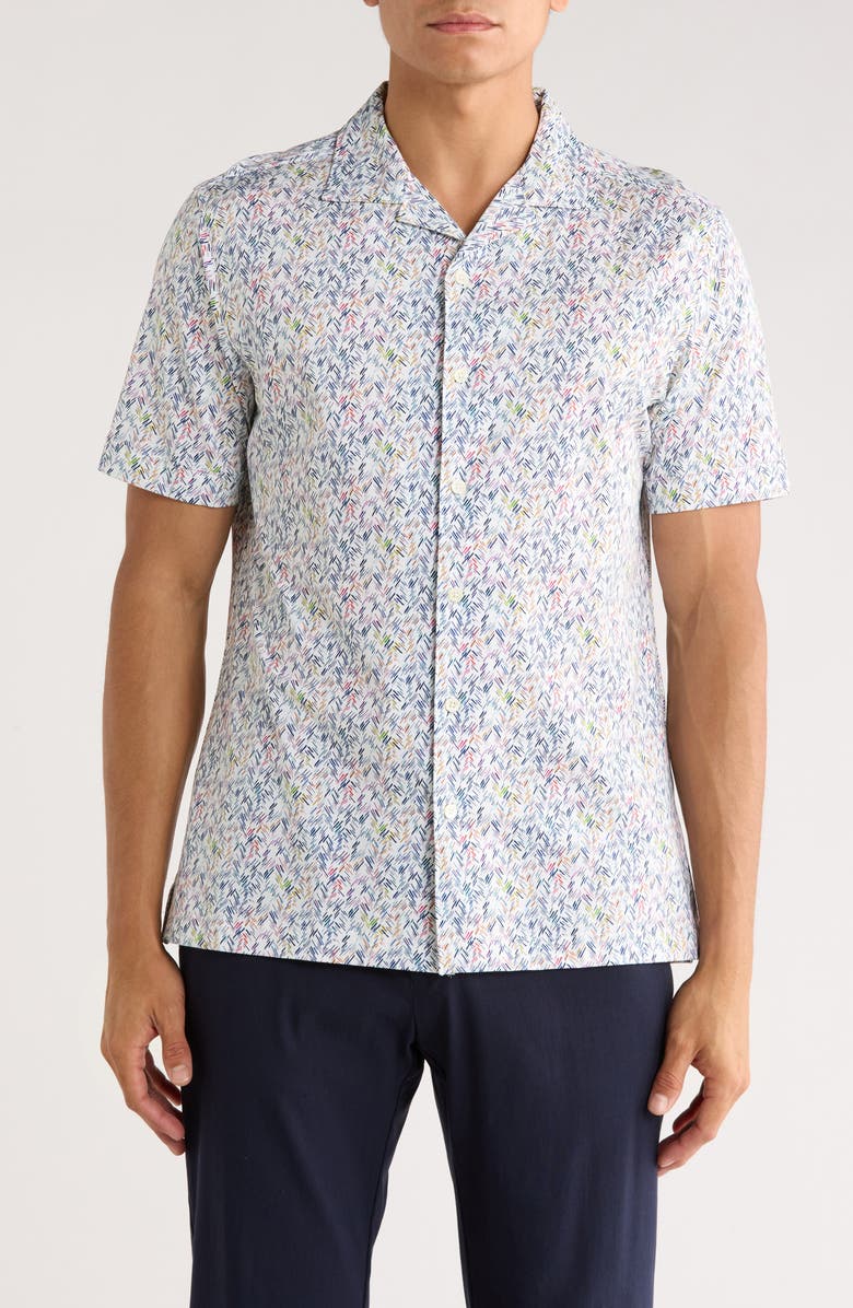Bugatchi Cole Short Sleeve 8-Way Stretch OoohCotton<sup>®</sup> Button-Up Shirt, Main, color, Chalk