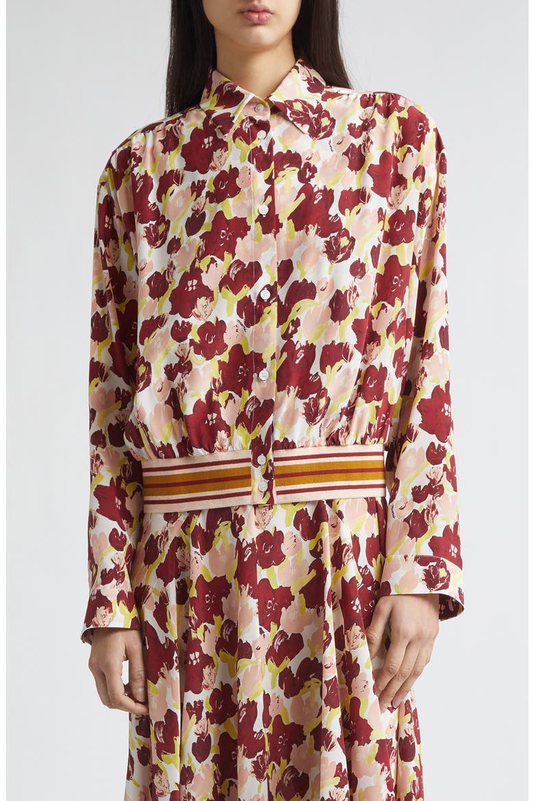 Secret Bouquet Print Silk Crêpe de Chine Shirt Jacket, Main, color, SBW01 LILI WHITE