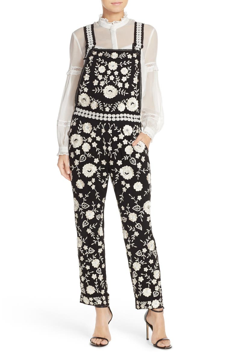 Embellished Organza Overalls, Main, color, BLACK/ CHALK