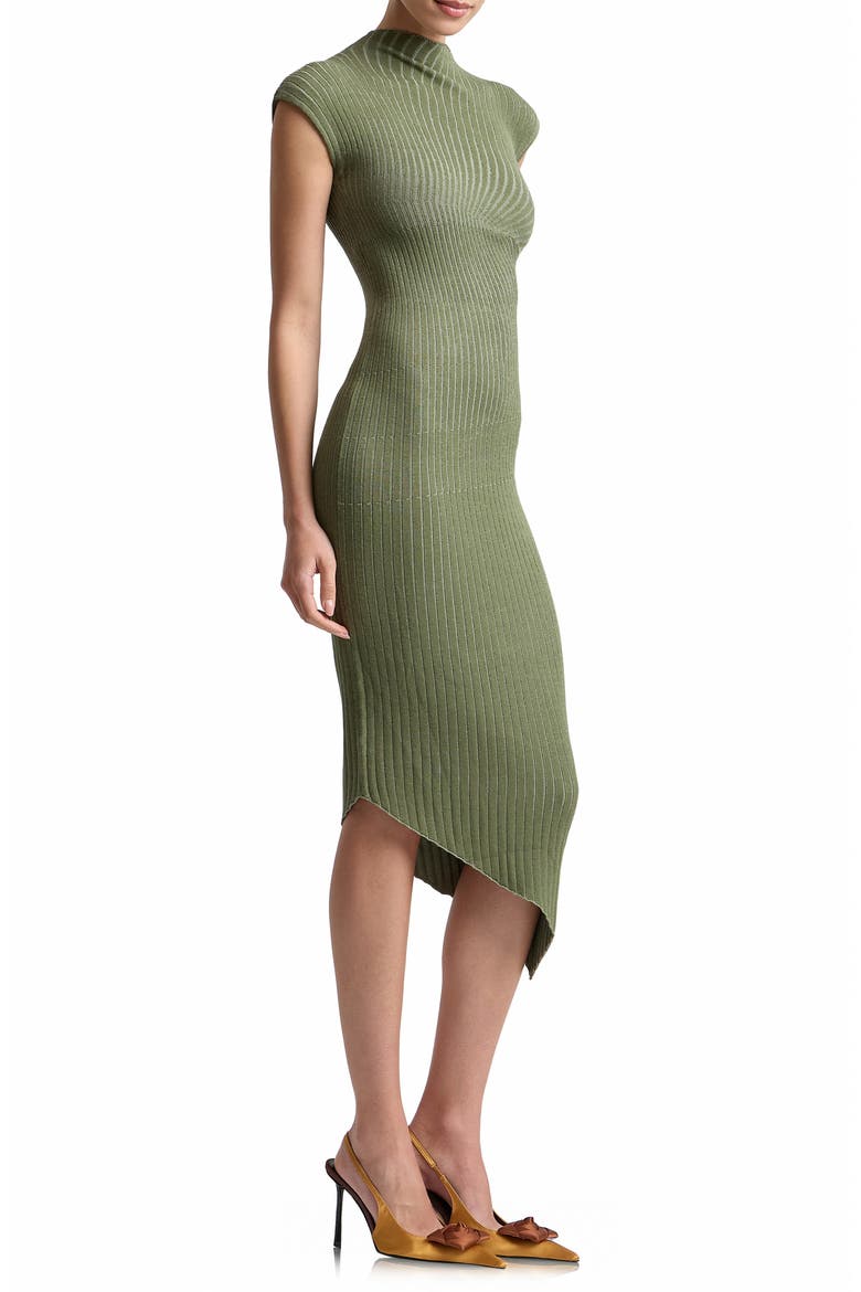Radial Rib Asymmetric Hem Midi Dress, Alternate, color, OLIVE MULTI