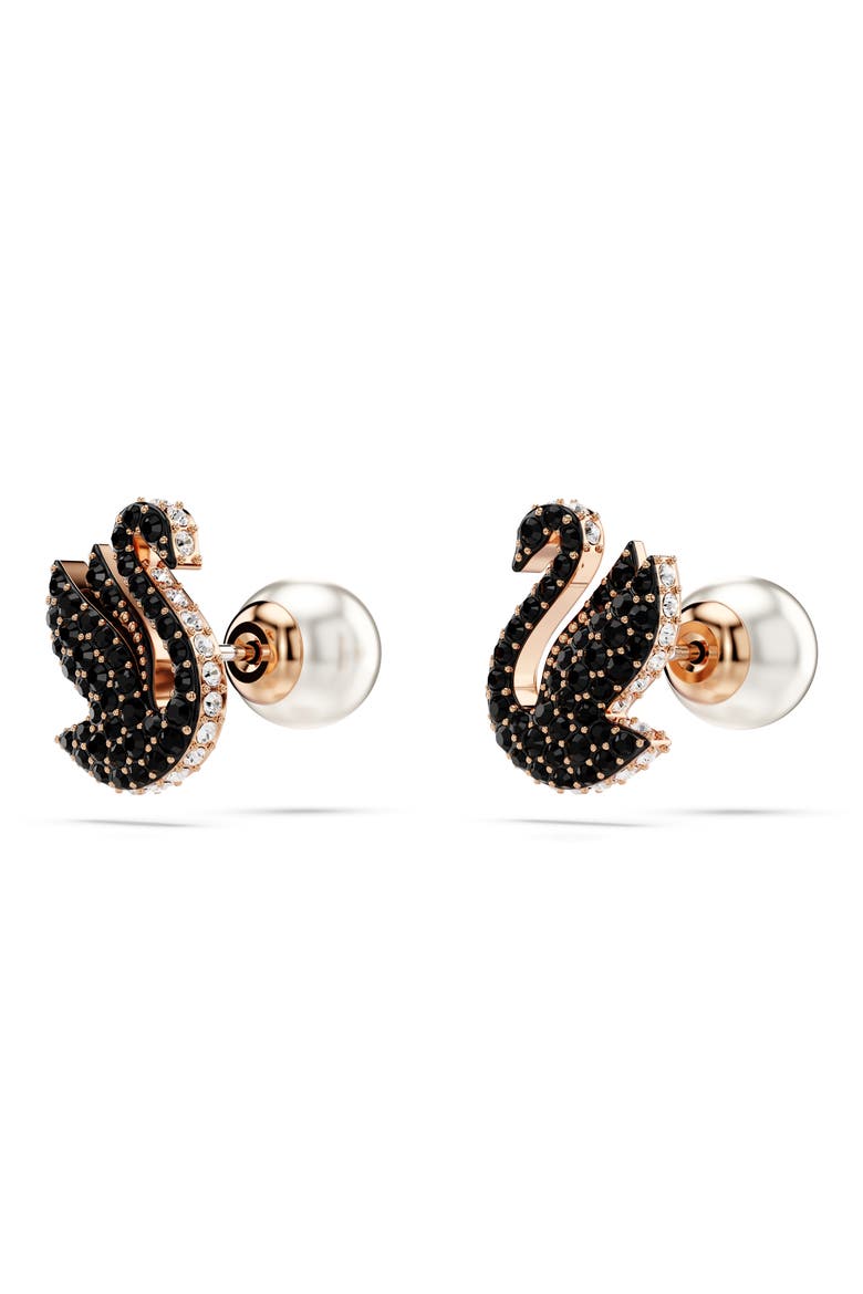 Swan Pearl Back Stud Earrings, Alternate, color, BLACK