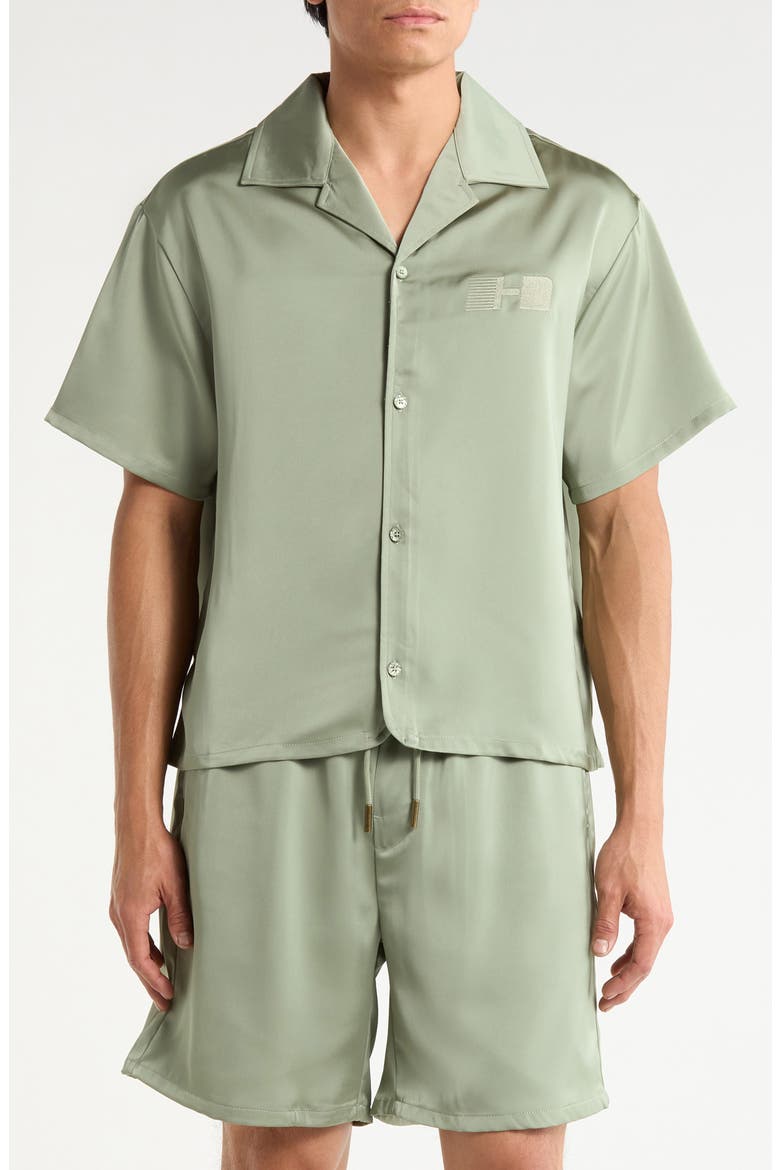 Satin Logo Embroidered Button-Up Camp Shirt, Main, color, SAGE