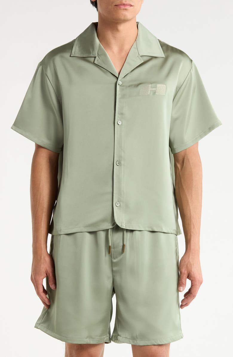 HONOR THE GIFT Satin Logo Embroidered Button-Up Camp Shirt, Main, color, Sage